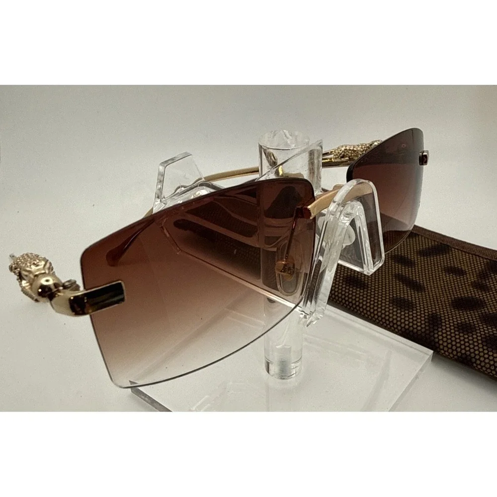 Rimless square sunglasses w/gold frame leopard/jaguar figurine & travel case HOT